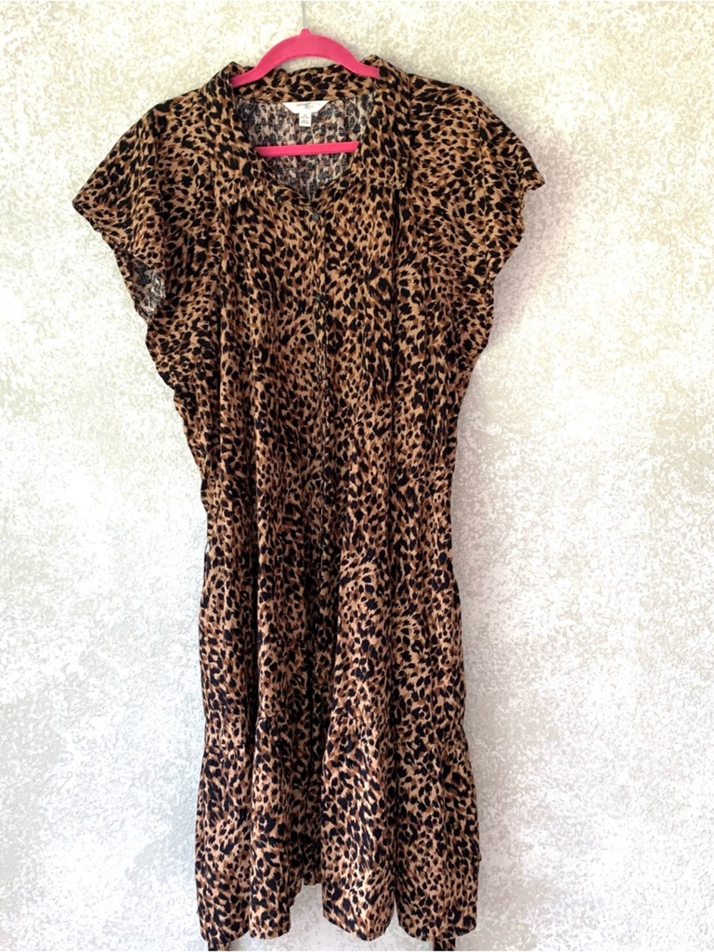 Terra & Sky Leopard Print Midi Dress 3X Front Buttons Ruffle Sleeves Tie Waist